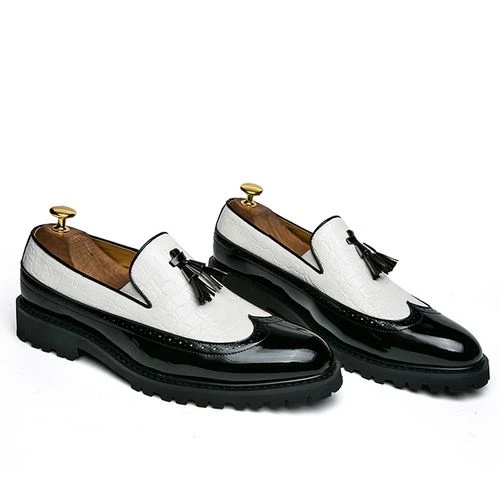 Male Formal Shoes Glossy Tassel Brogue Leather Shoes-White