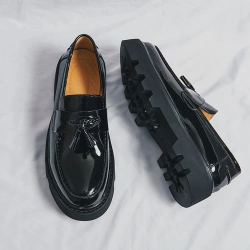 Flangesio Men's Fashion Formal Shoes Black Heighten 5CM Platform Slip On Shoes E